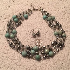 Layered turquoise and silver bead necklace earring